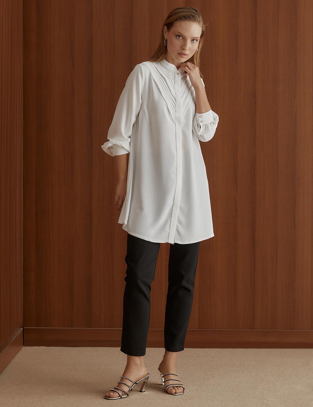 Hidden Placket Pleated Tunic White