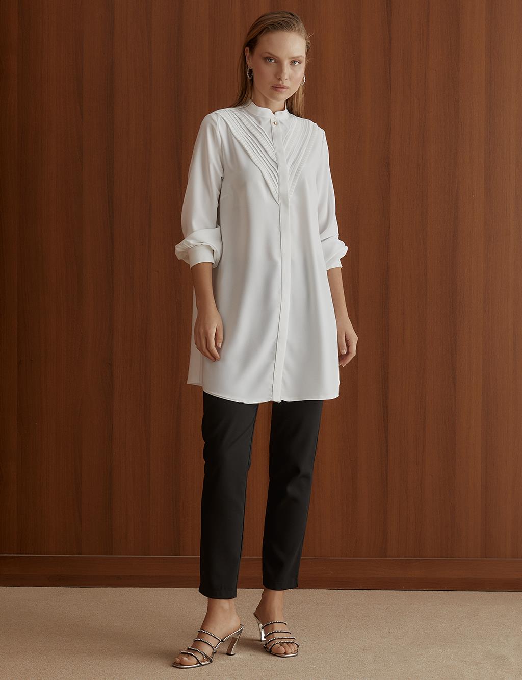 Hidden Placket Pleated Tunic White