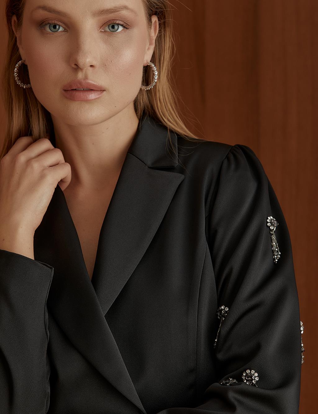 Embellished Sleeves Double Breasted Jacket Black