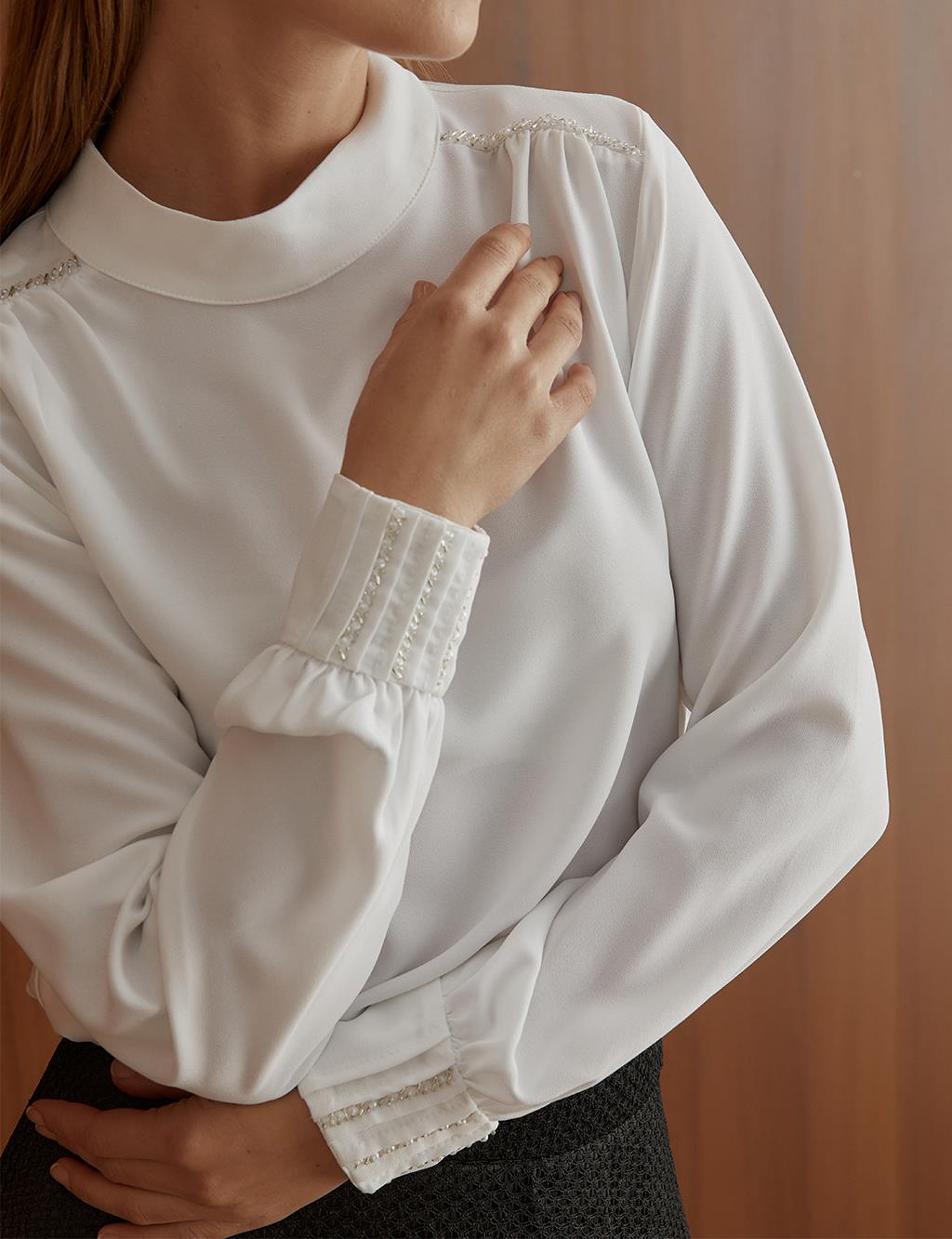 White Blouse with Stones on the Shoulders and Wrists