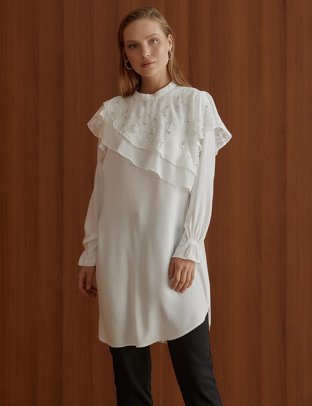 Asymmetrical Layered Embroidered Tunic Ecru