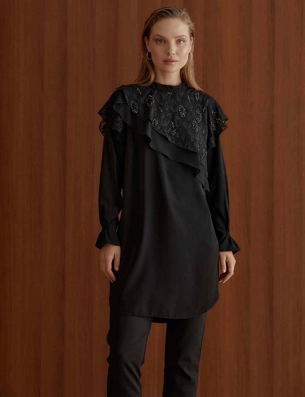 Asymmetrical Layered Embroidered Tunic Black