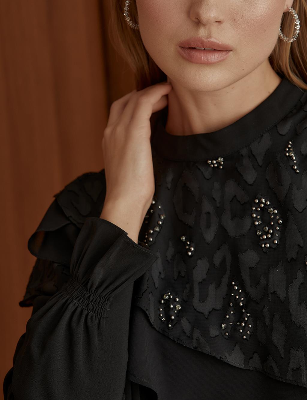 Asymmetrical Layered Embroidered Tunic Black