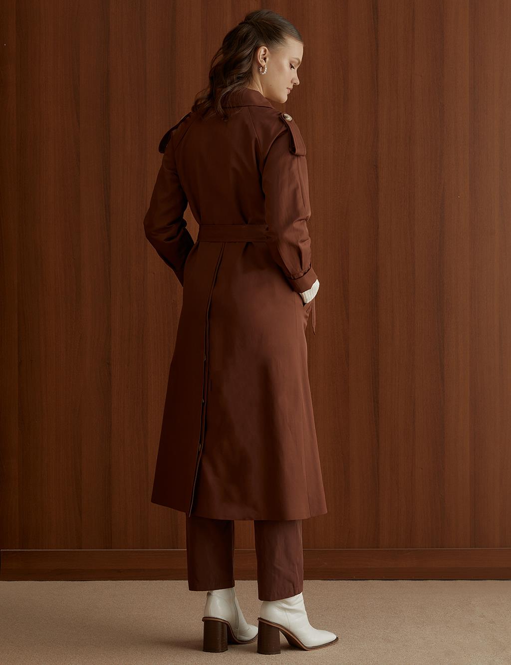 Embroidered Double Breasted Trench Coat Brown