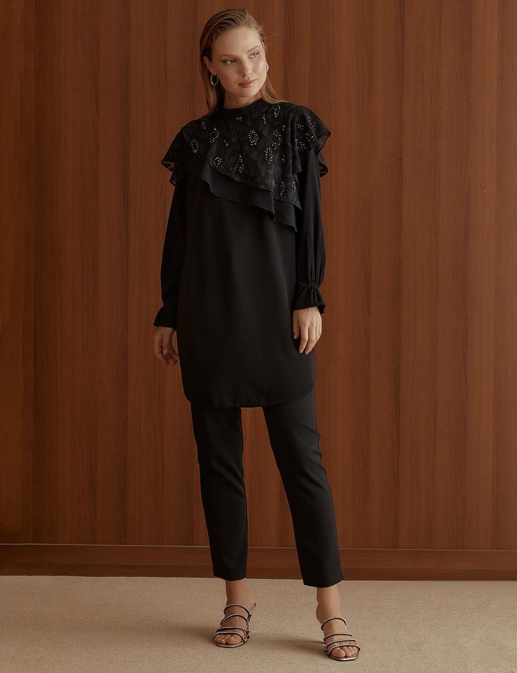 Asymmetrical Layered Embroidered Tunic Black