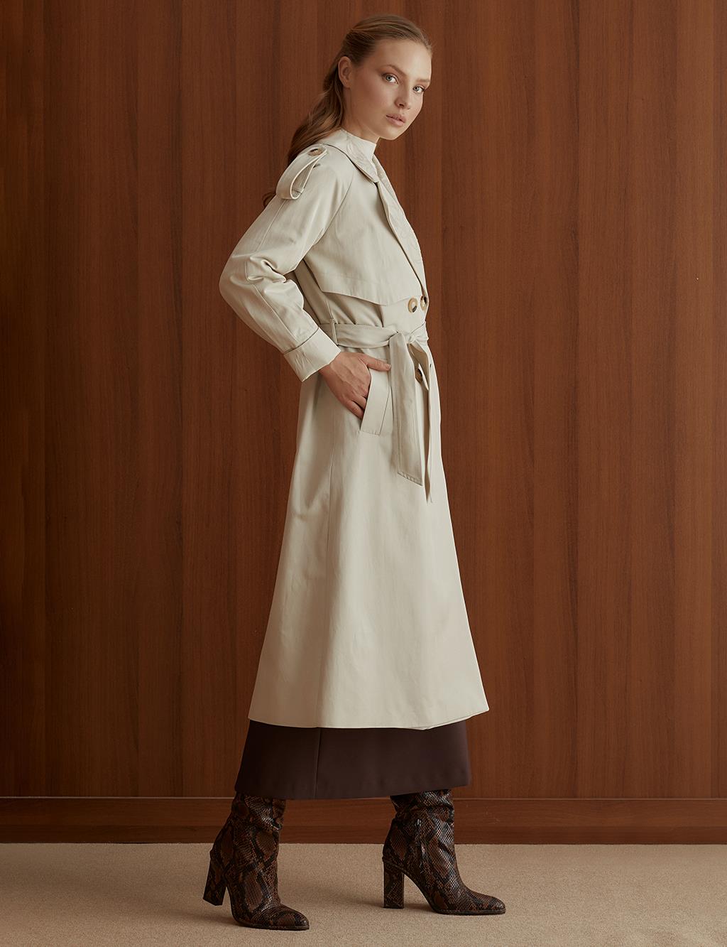 Embroidered Double Breasted Trench Coat Cream