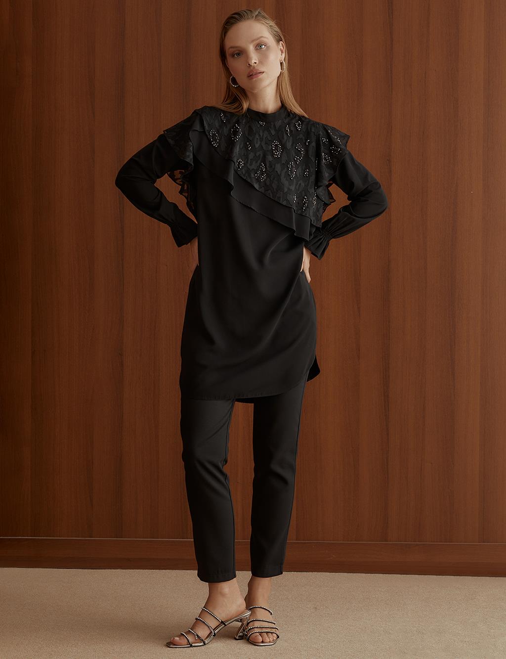 Asymmetrical Layered Embroidered Tunic Black