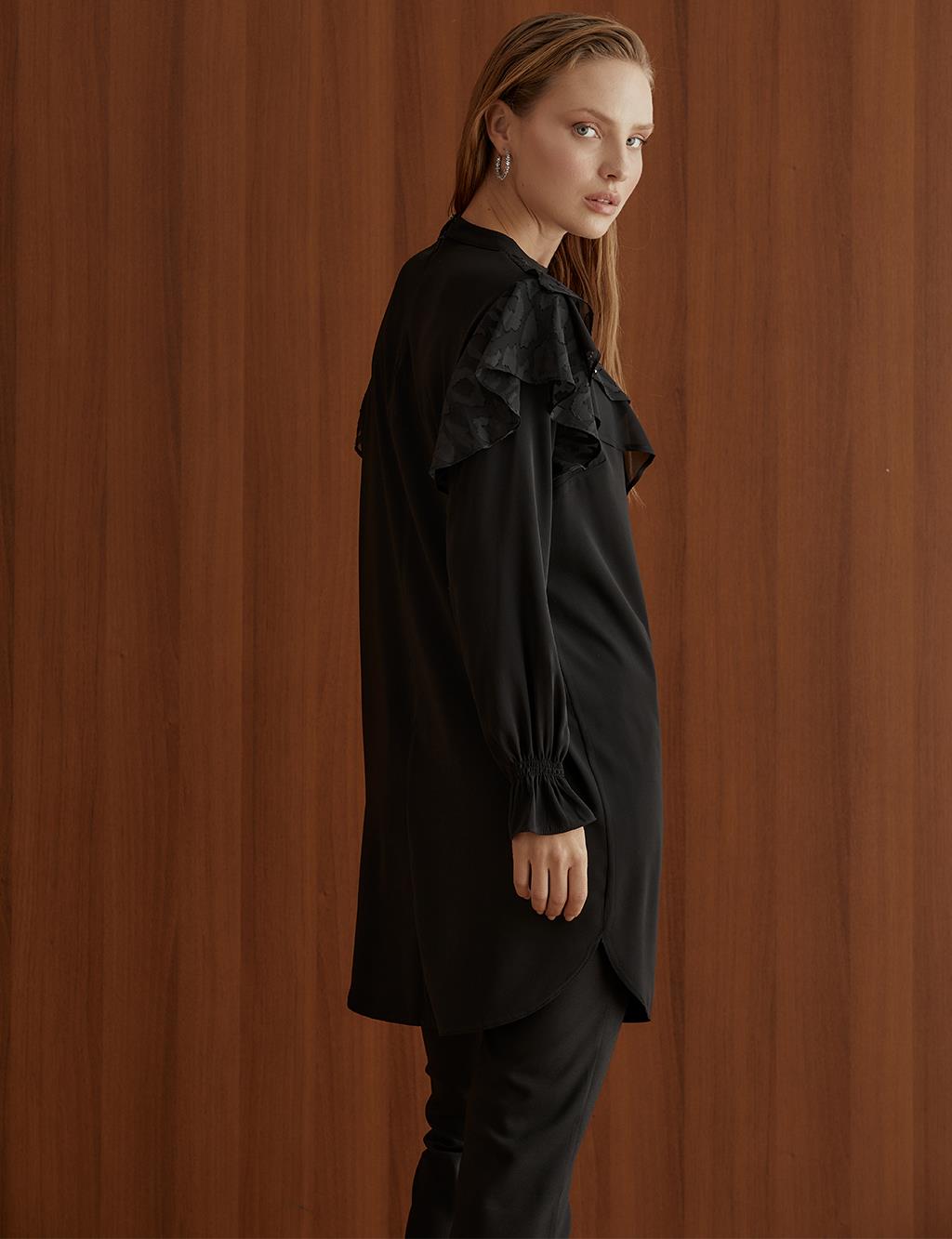 Asymmetrical Layered Embroidered Tunic Black