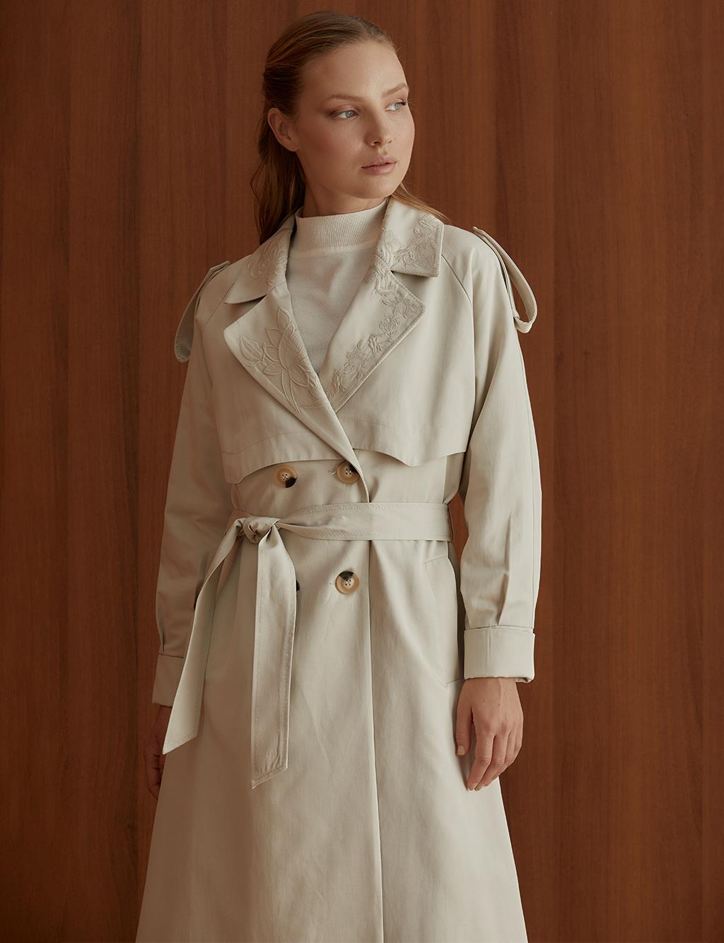 Embroidered Double Breasted Trench Coat Cream