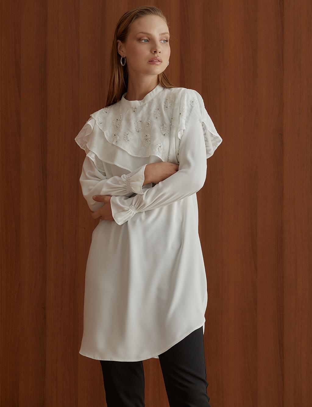 Asymmetrical Layered Embroidered Tunic Ecru