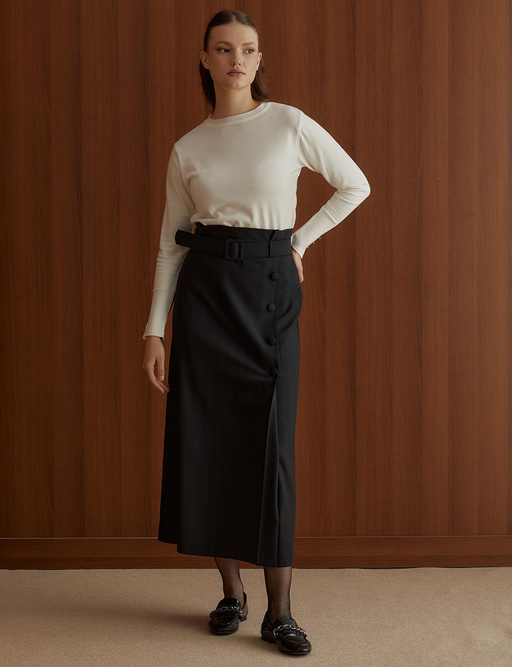 Belted Pleated Skirt Black