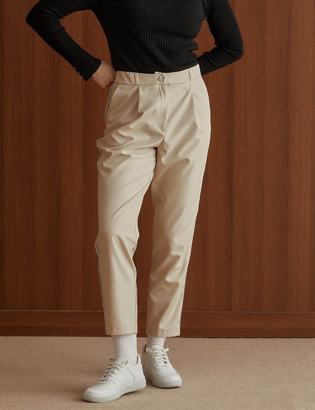 Stripe Detailed Pleated Trousers Stone