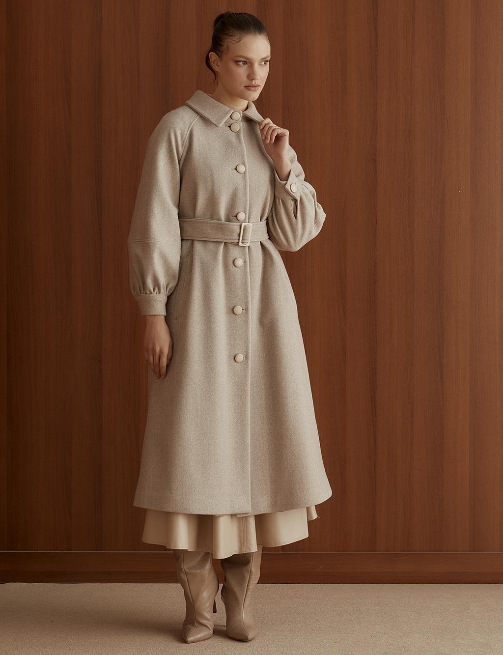 Button Closed Belted Cachet Coat Cream