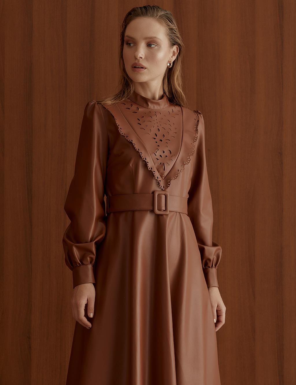 Laser Cut Full Length Faux Leather Dress Brown