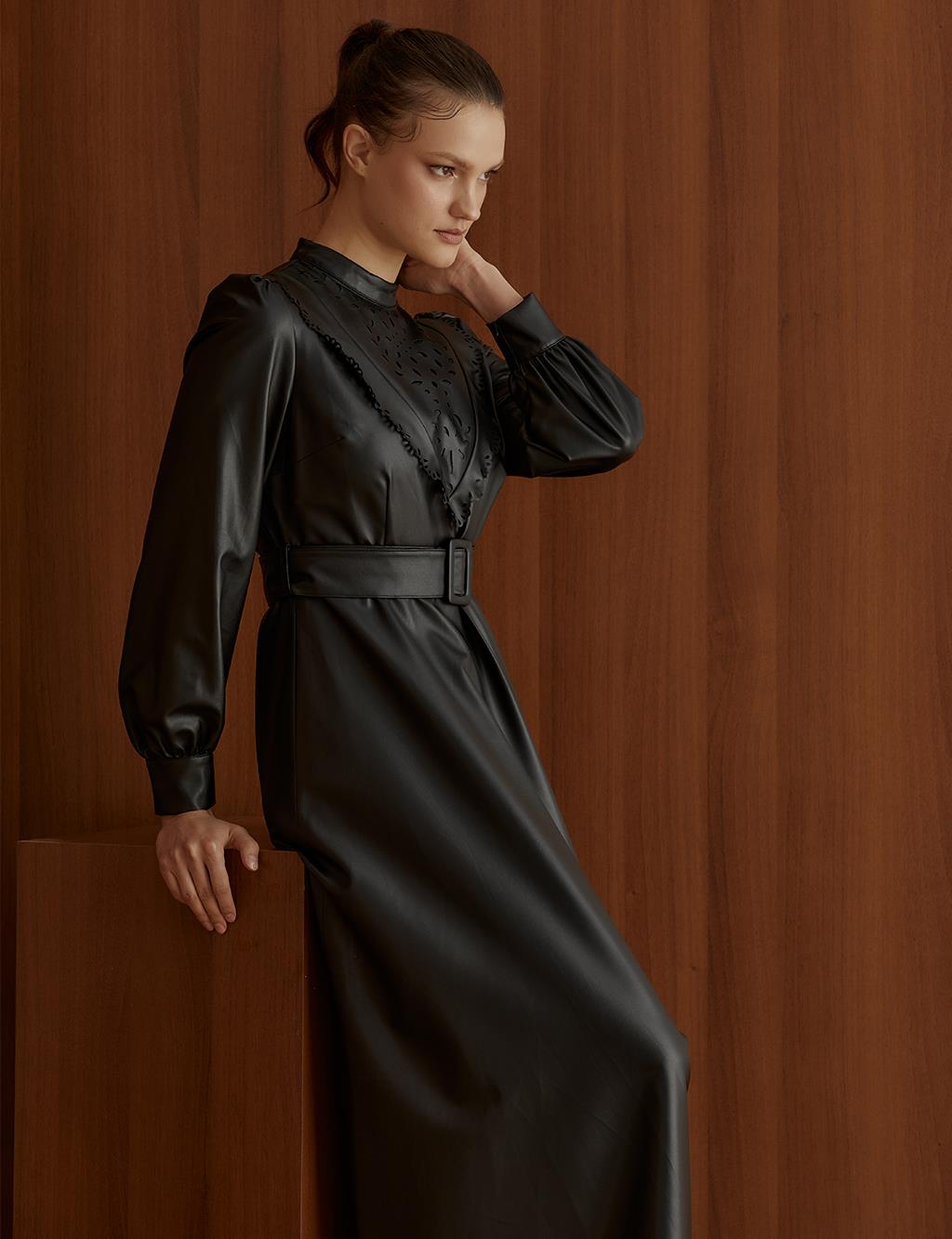 Laser Cut Full Length Faux Leather Dress Black