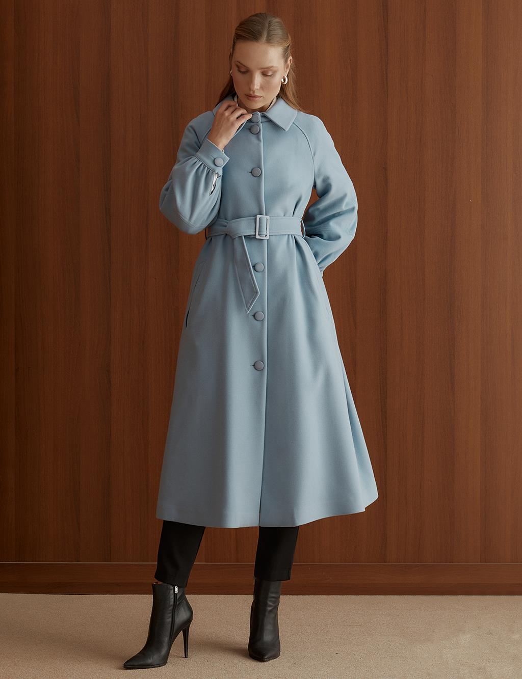 Button Closed Belted Cachet Coat Sky Blue