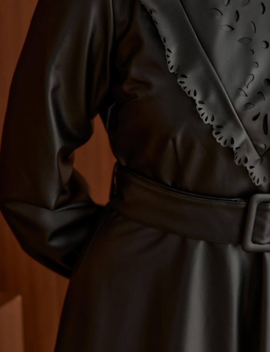 Laser Cut Full Length Faux Leather Dress Black
