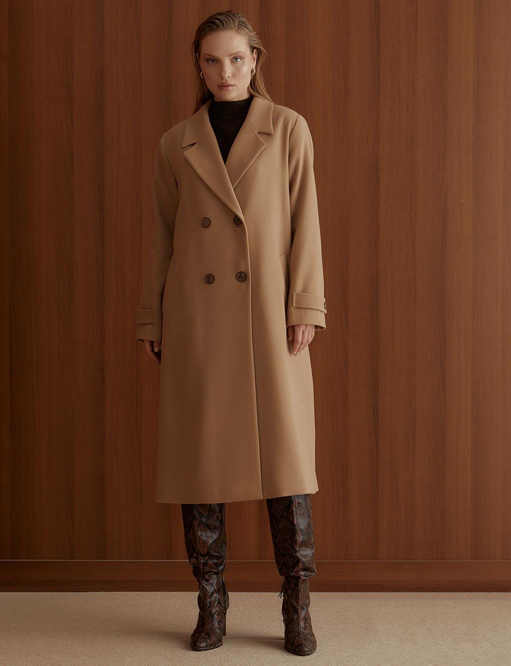 Ankle Epaulette Double Breasted Coat Beige