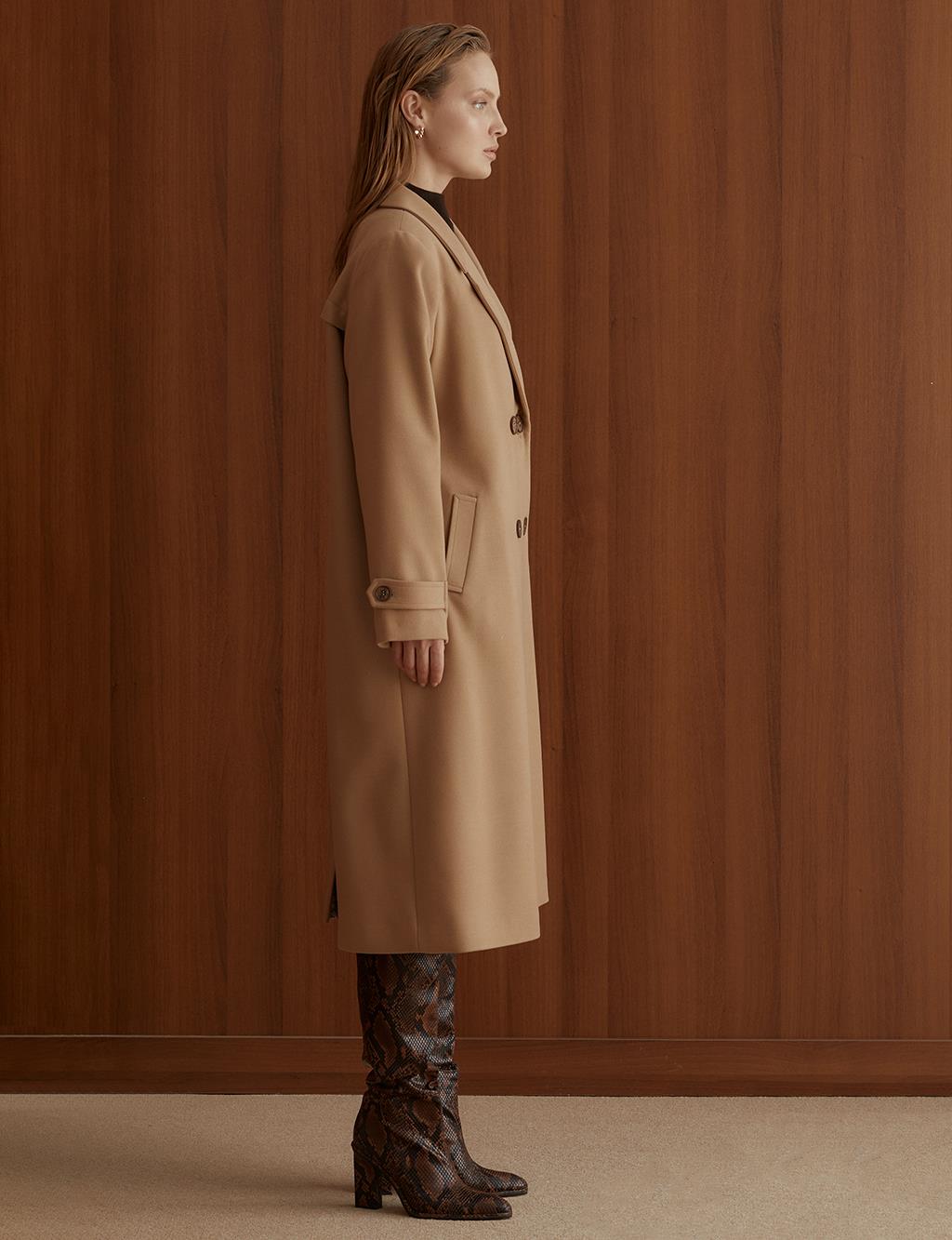 Ankle Epaulette Double Breasted Coat Beige