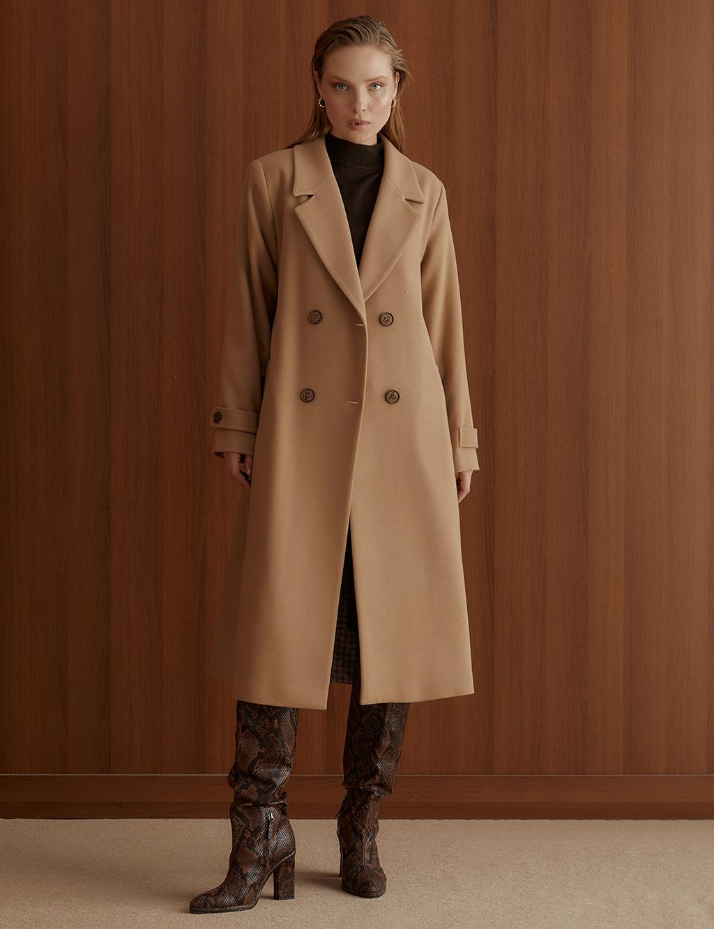 Ankle Epaulette Double Breasted Coat Beige