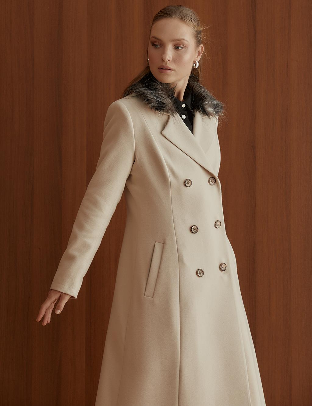 Fur Collar Long Double Breasted Coat Cream