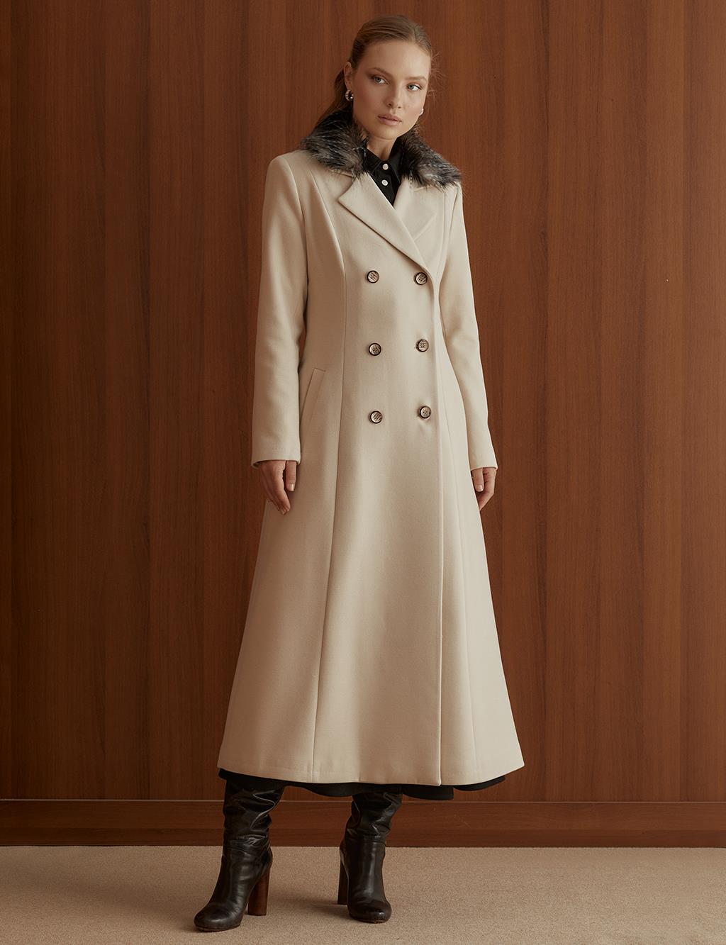 Fur Collar Long Double Breasted Coat Cream