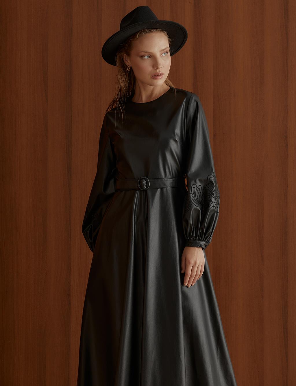 Embroidered Sleeves Zero Collar Faux Leather Dress Black