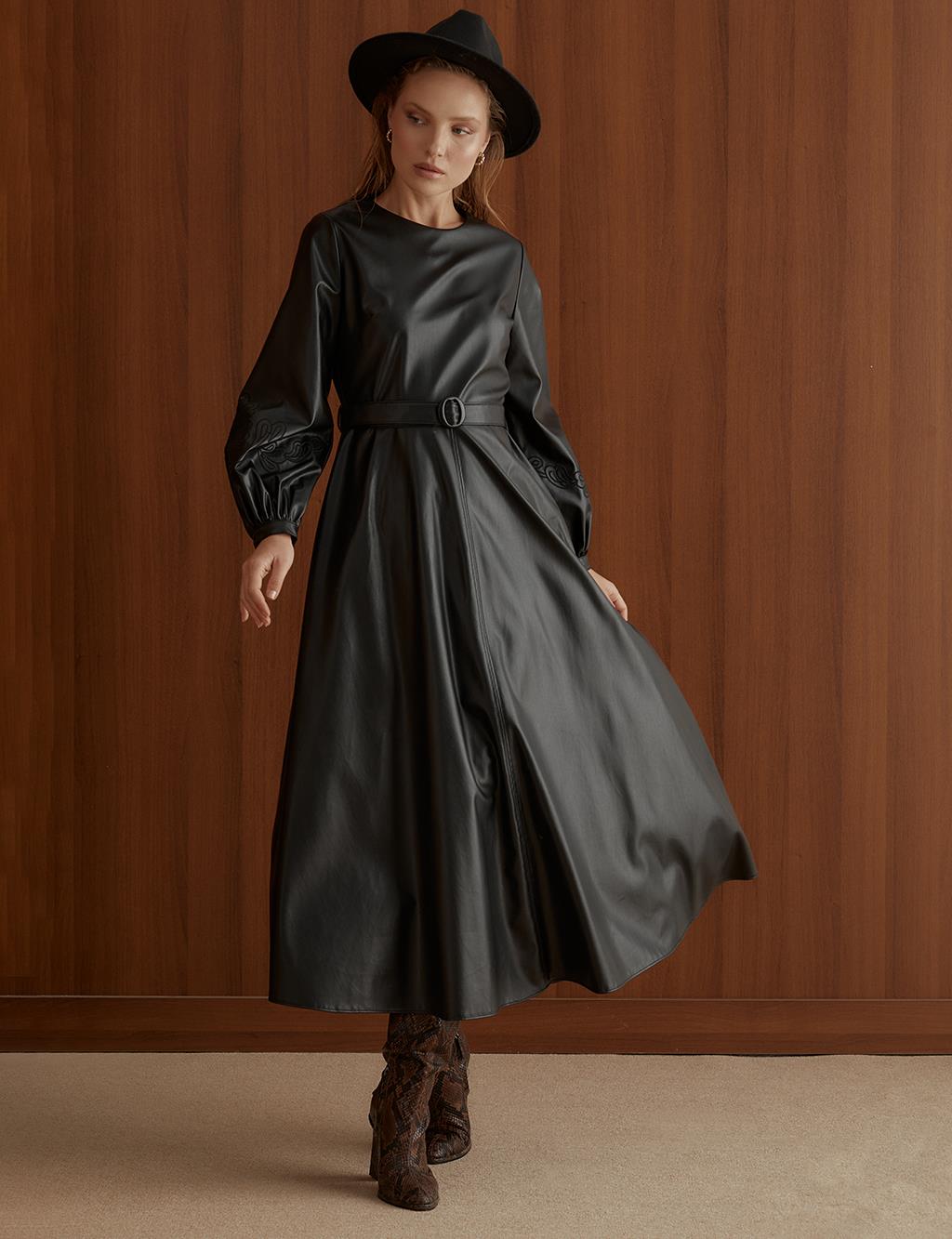 Embroidered Sleeves Zero Collar Faux Leather Dress Black