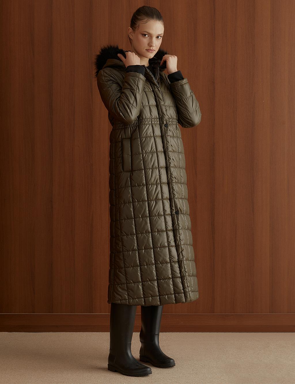 Ribbed Quilted Long Inflatable Coat Khaki