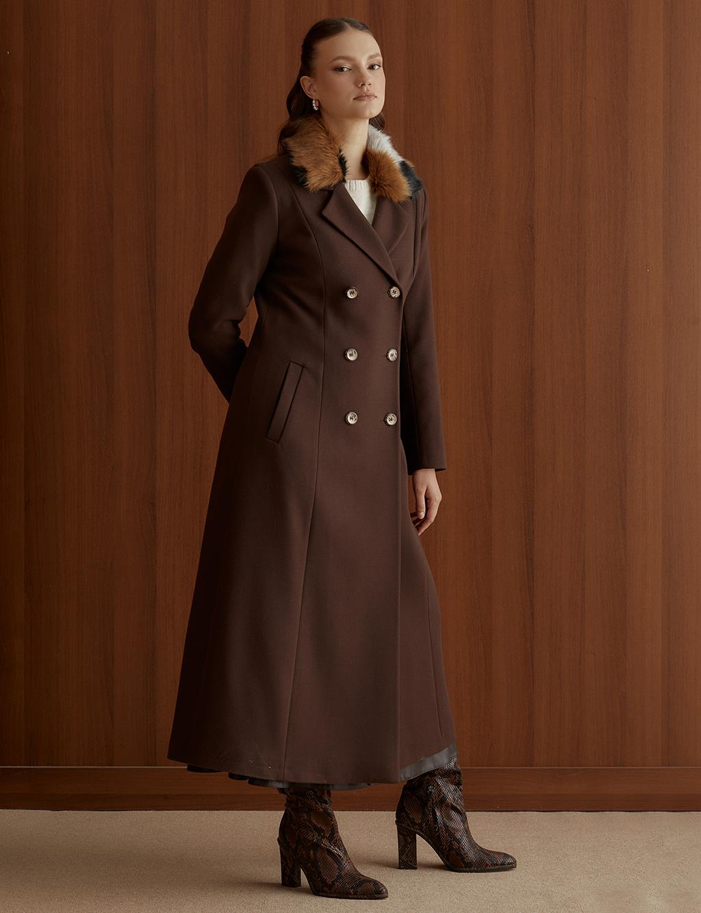 Fur Collar Long Double Breasted Coat Dark Brown