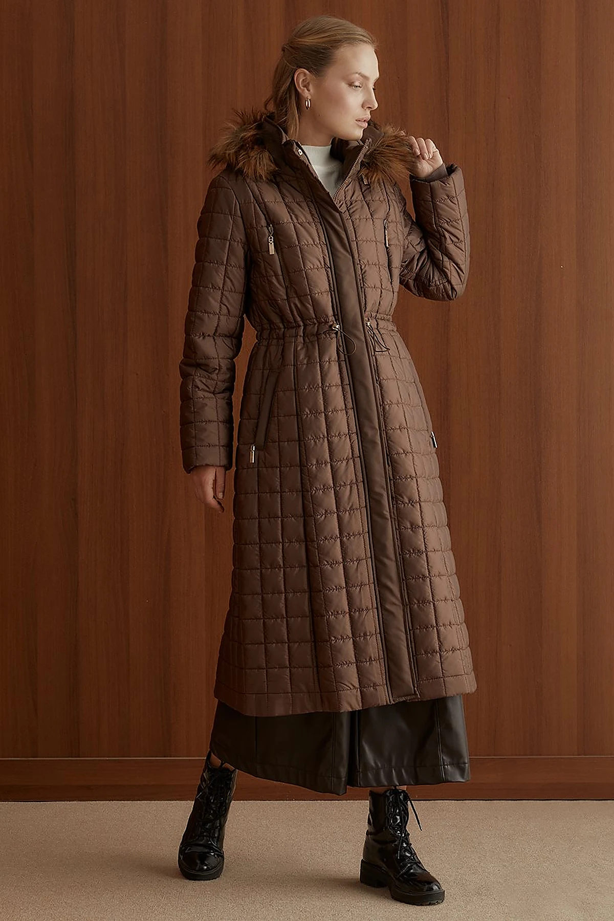 Fur Hooded Checkered Inflatable Coat Brown