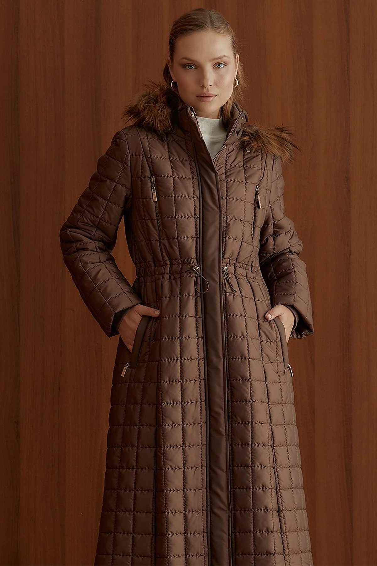 Fur Hooded Checkered Inflatable Coat Brown