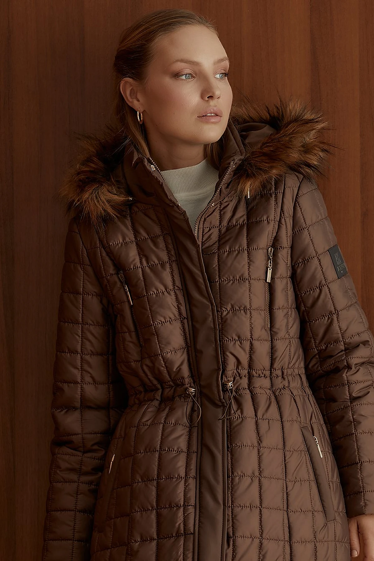 Fur Hooded Checkered Inflatable Coat Brown