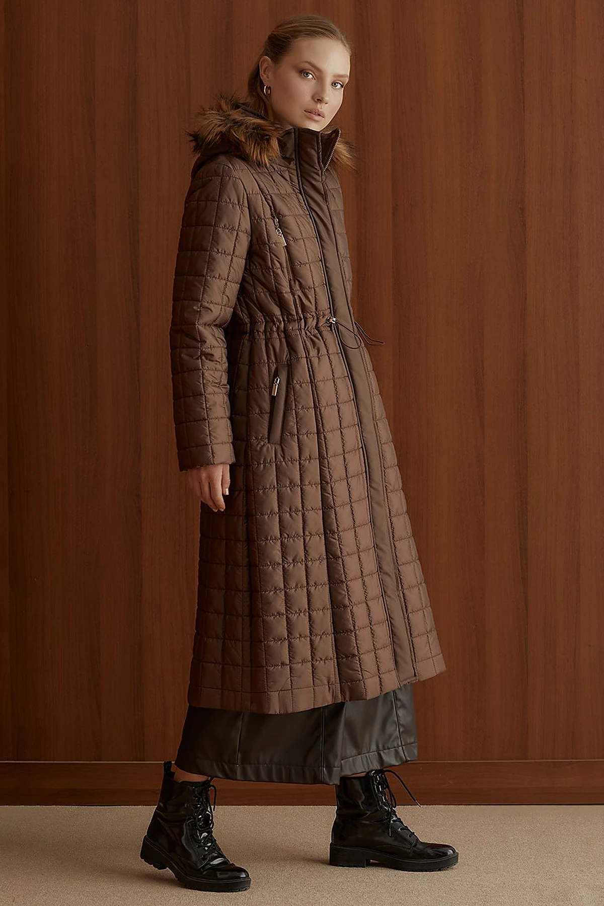 Fur Hooded Checkered Inflatable Coat Brown