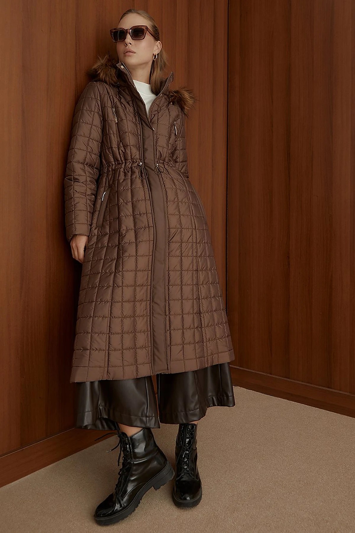 Fur Hooded Checkered Inflatable Coat Brown