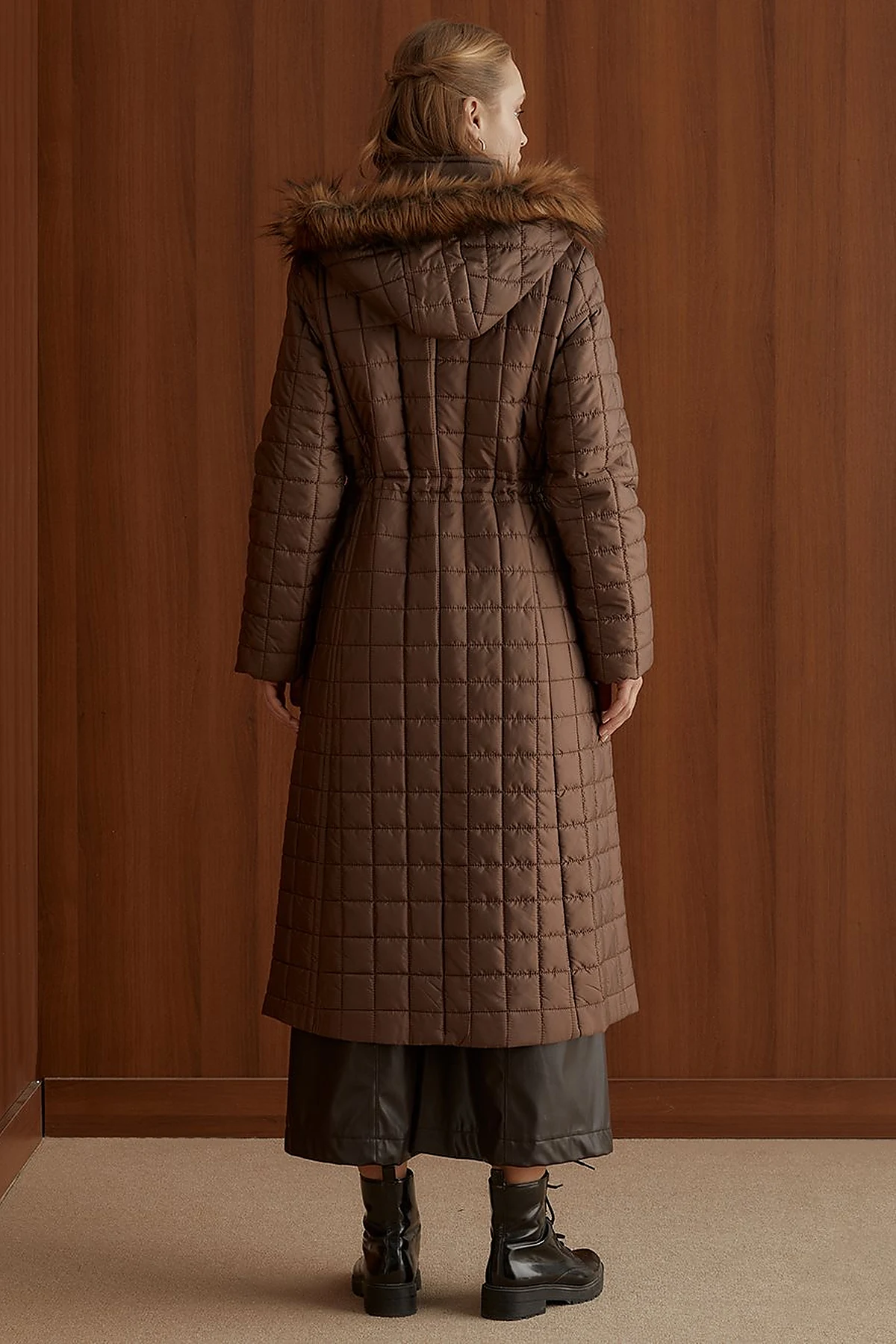 Fur Hooded Checkered Inflatable Coat Brown