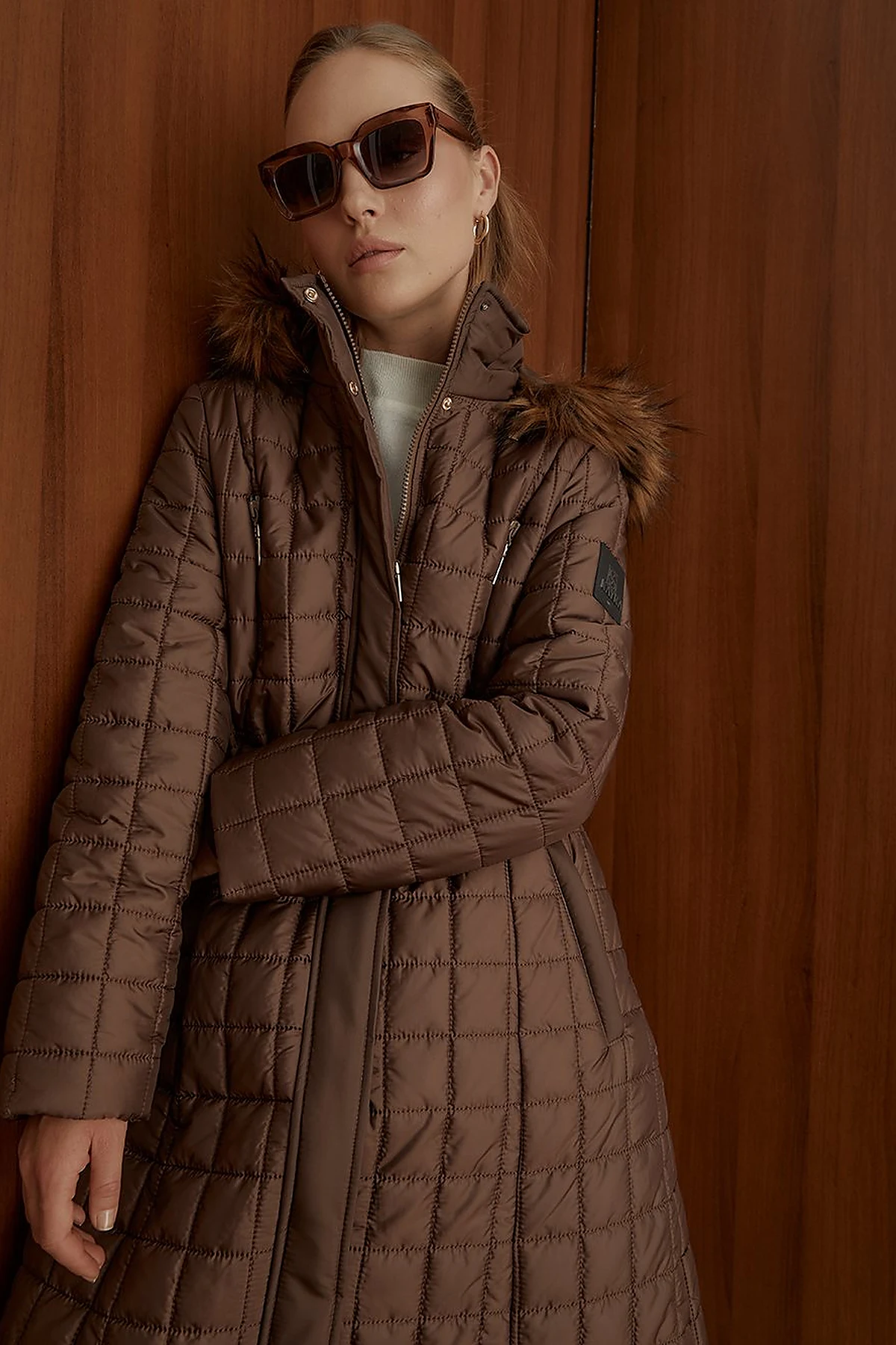 Fur Hooded Checkered Inflatable Coat Brown