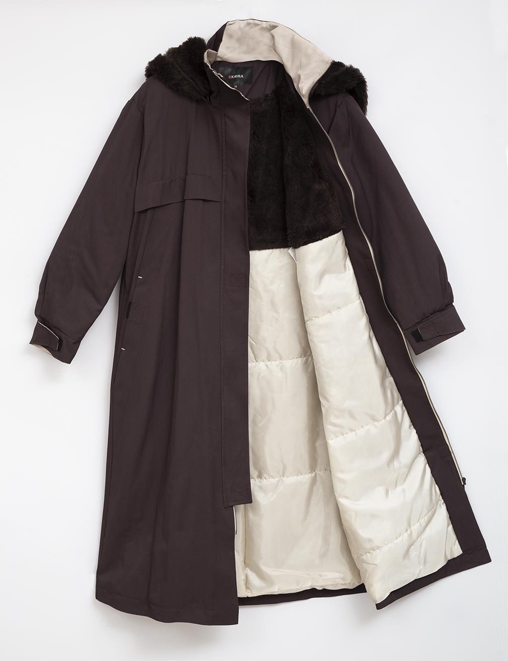 Furry Hooded Inflatable Coat Dark Brown