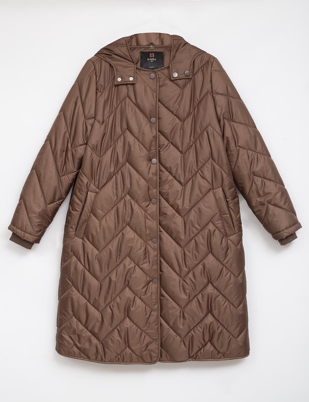 Zigzag Quilted Hooded Short Inflatable Coat Brown