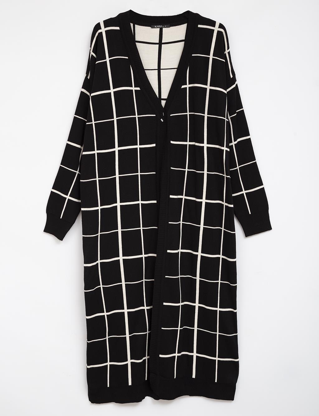 Checkered Long Knitwear Cardigan Black