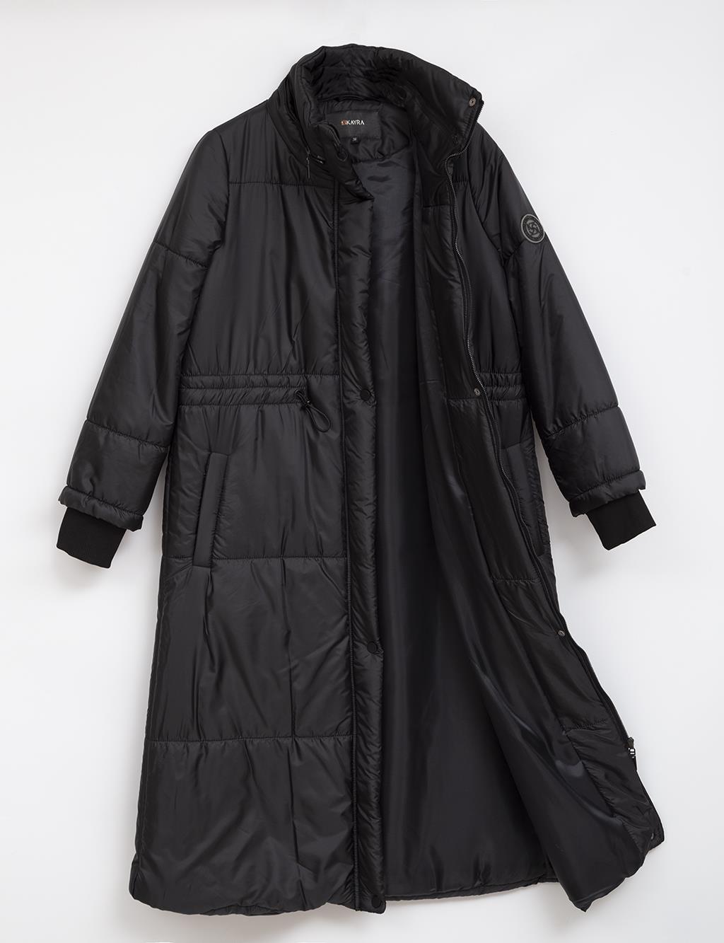 Grandad Collar Pleated Waist Inflatable Coat Black