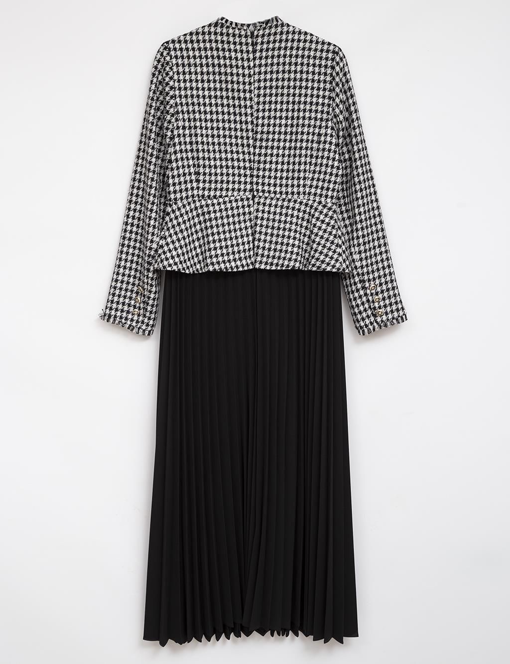Tweed Jacket Pleated Skirt Dress Black