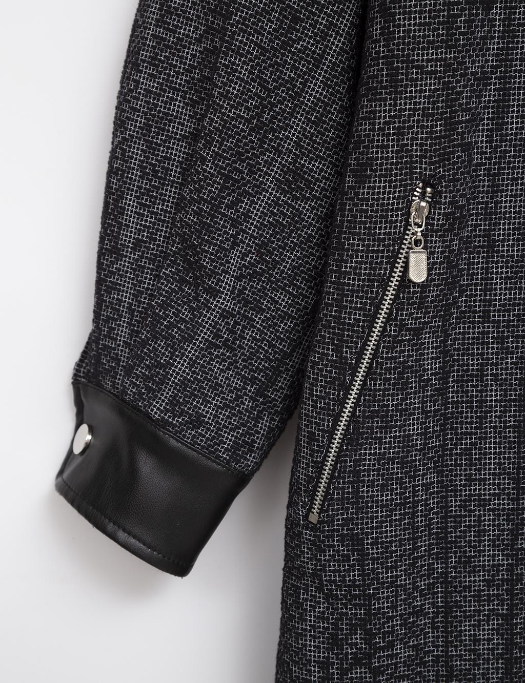 Zipper Closure Marbled Coat Black-Grey