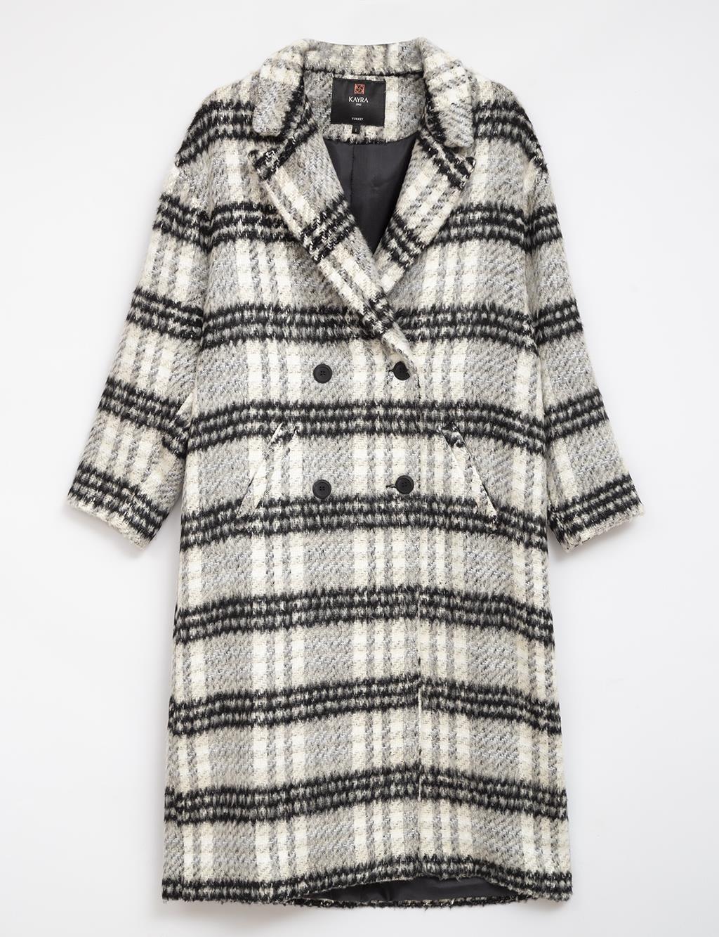 Plaid Pattern Double Breasted Coat Black