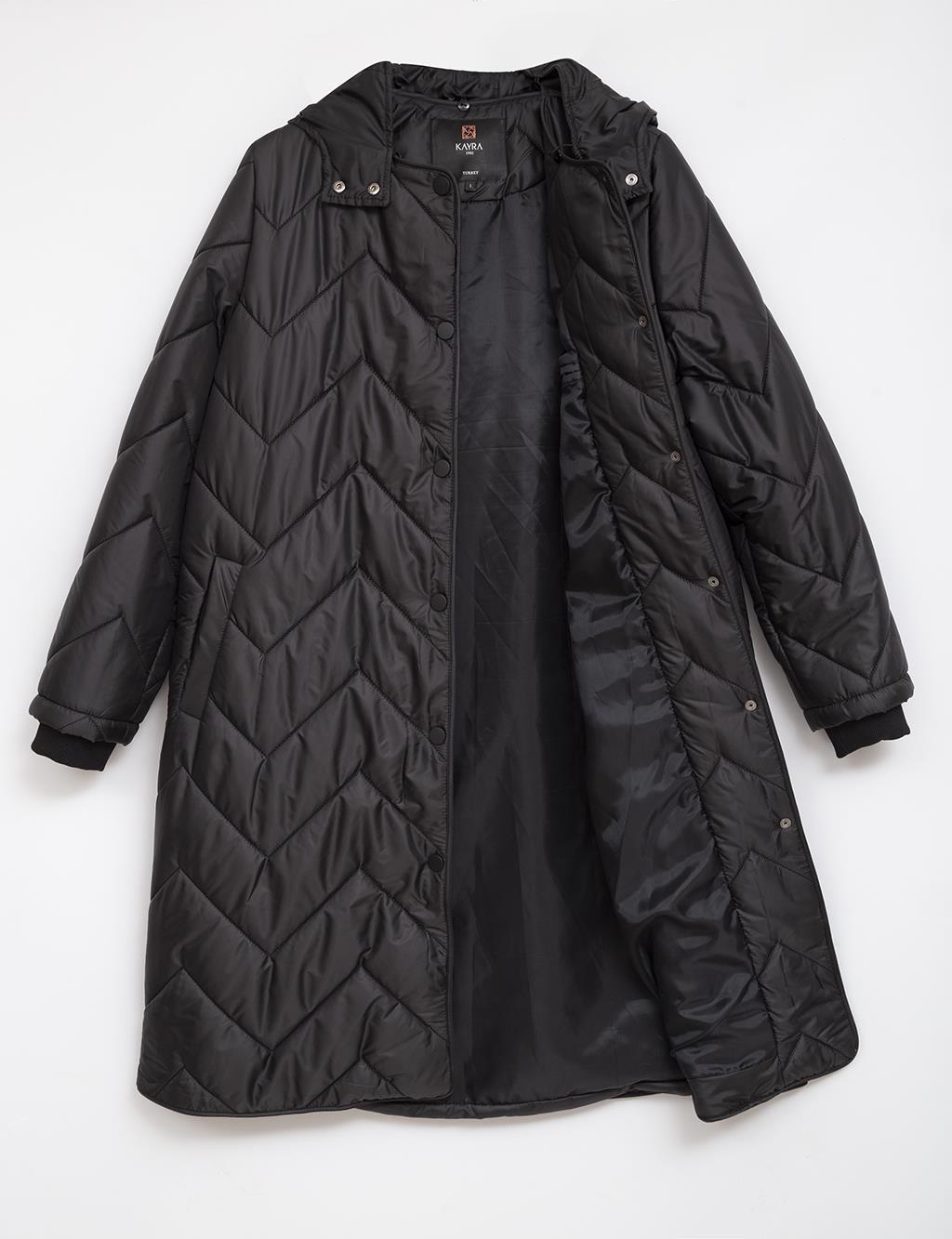 Zigzag Quilted Hooded Short Inflatable Coat Black
