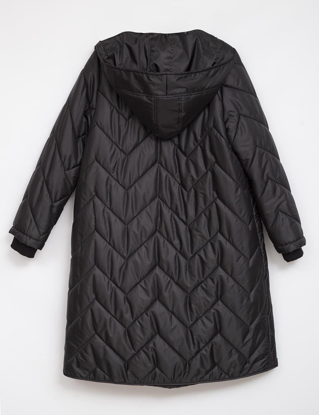 Zigzag Quilted Hooded Short Inflatable Coat Black