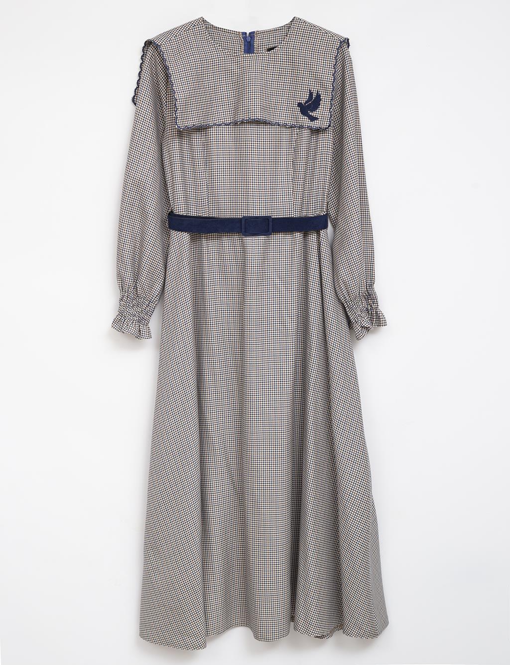 Pigeon Patterned Belted Dress Indigo-Cream