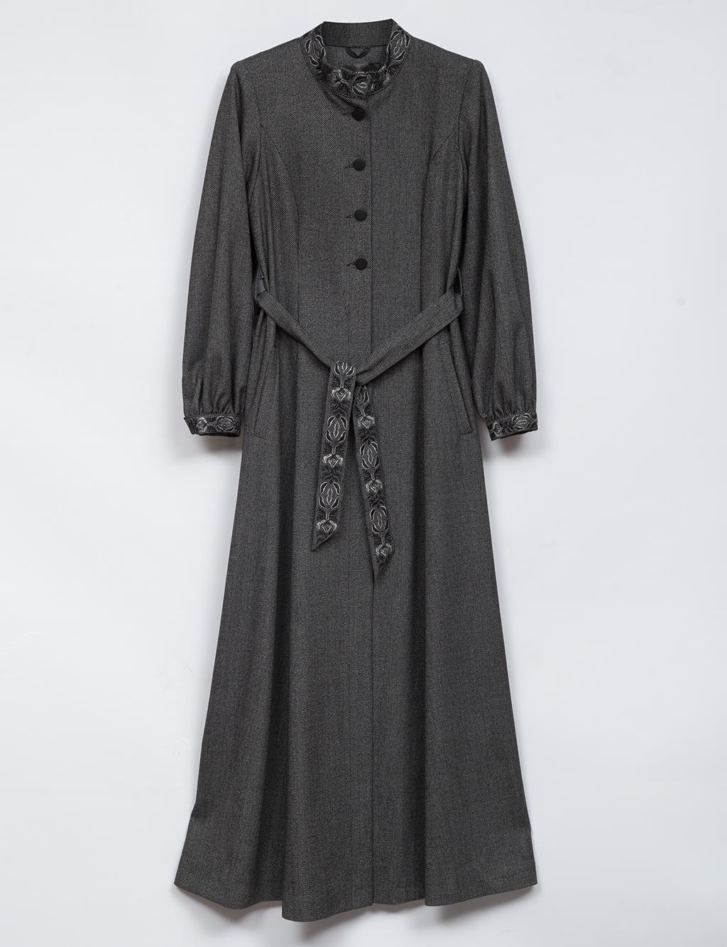 Embroidered Belted Topcoat Black