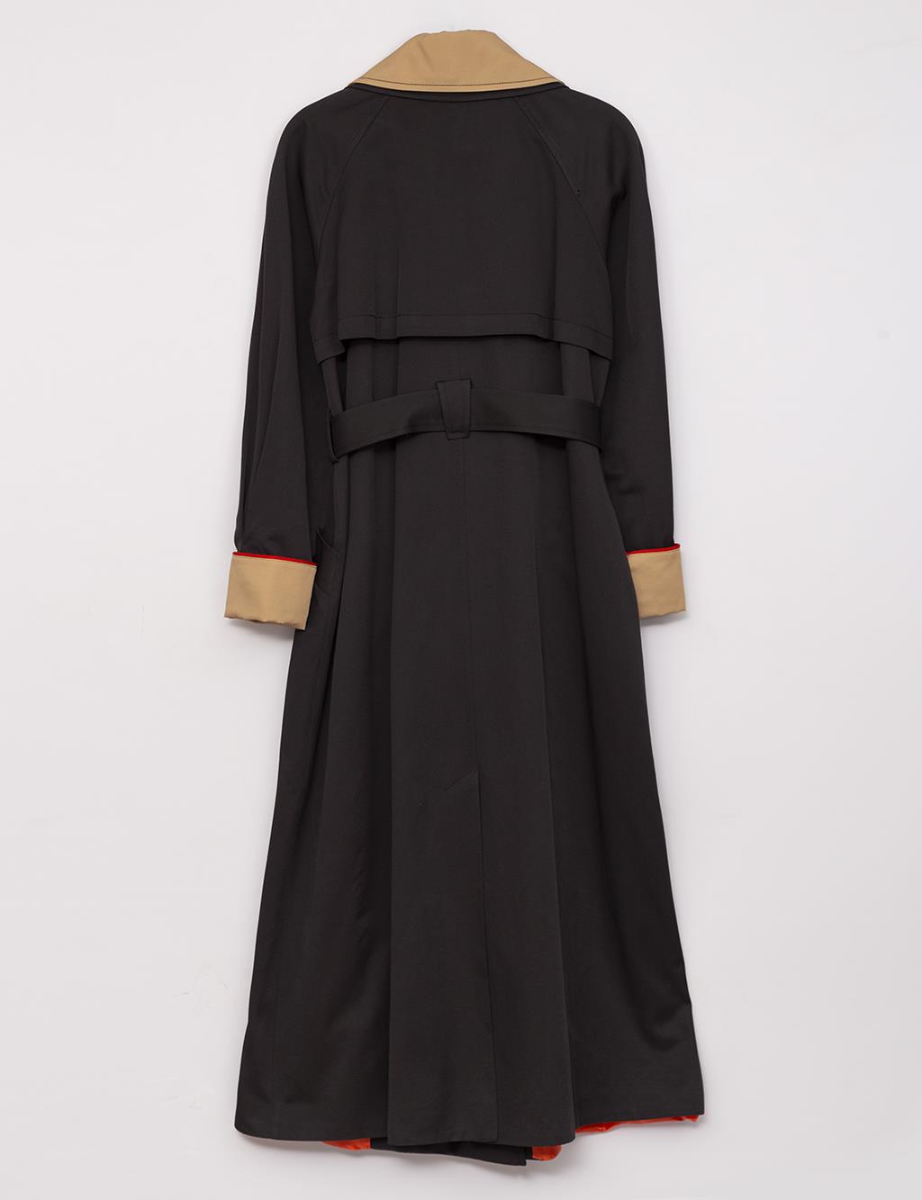 Wide Collar Belted Trench Coat Black