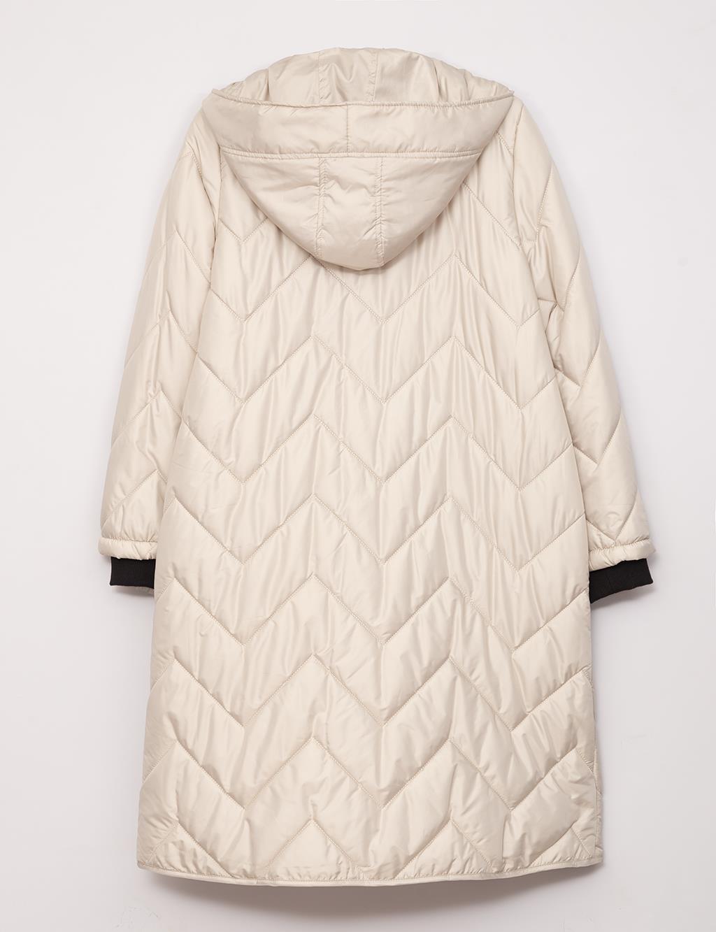 Zigzag Quilted Hooded Short Inflatable Coat Stone